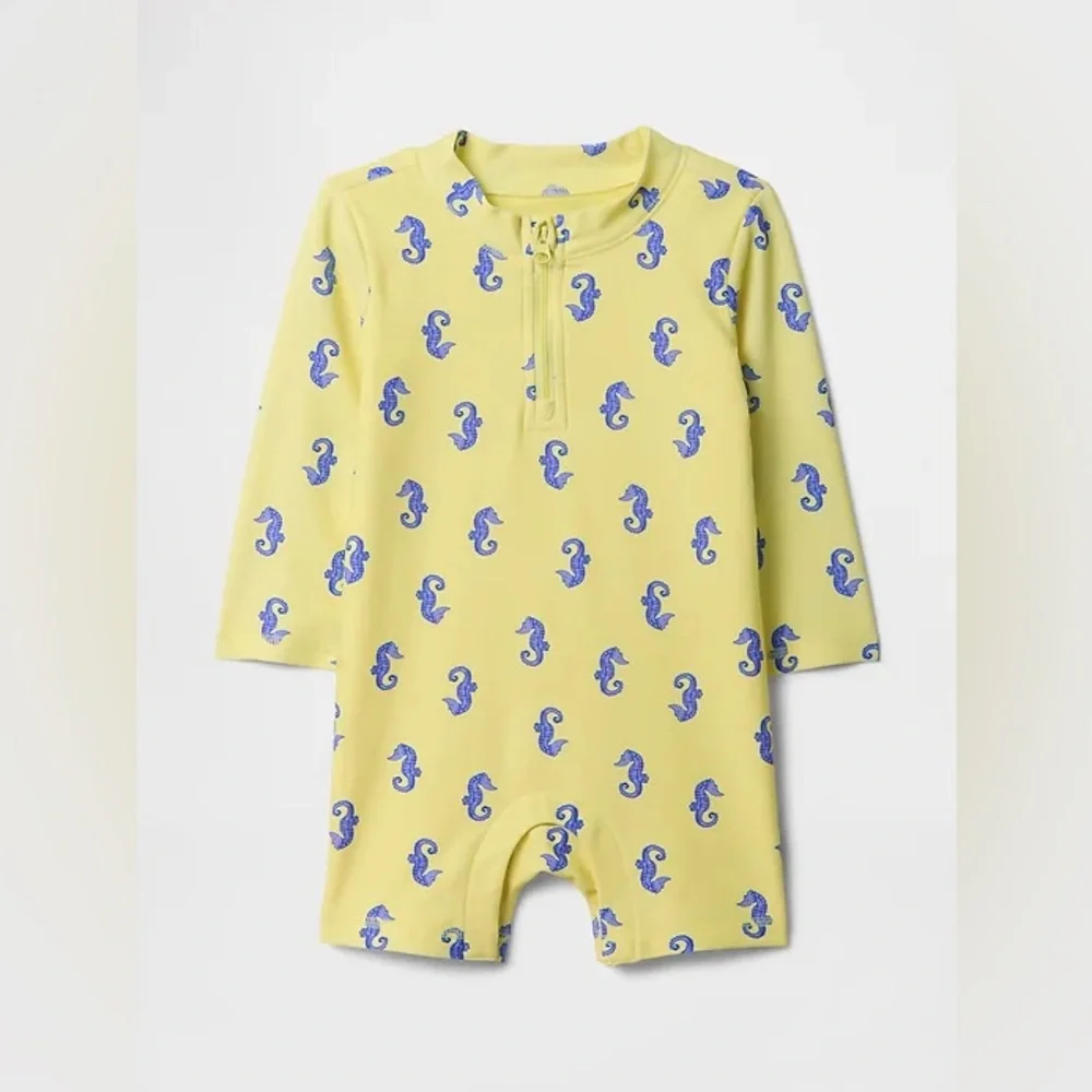 GAP Yellow Long-Sleeve Kids Swim Romper with Blue Seahorses
